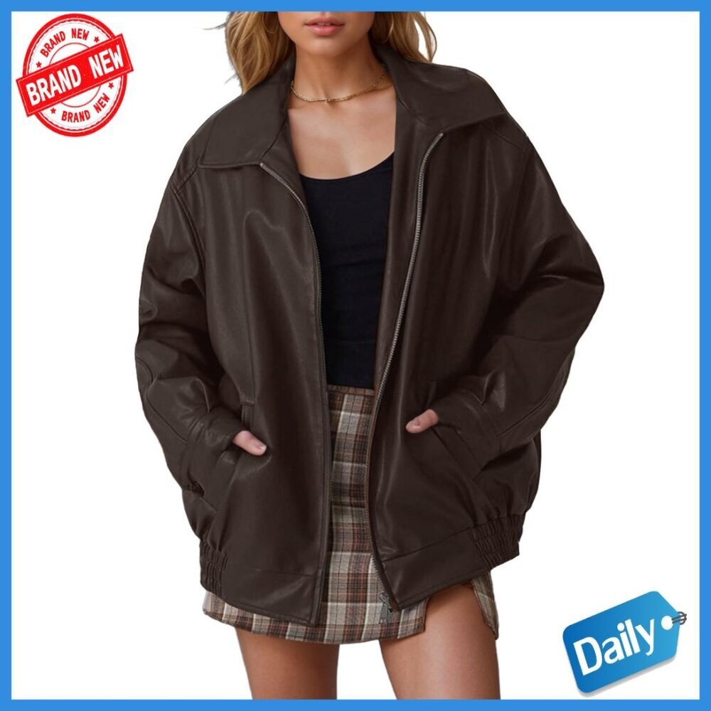 Oversized Faux Leather Bomber Jacket with Pockets for Fall Winter